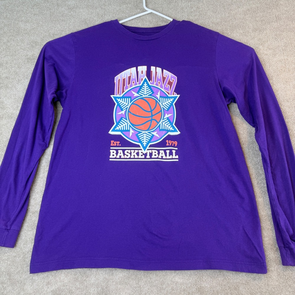 Utah Jazz Vintage Long Sleeve Shirt Purple Graphic Tee Mens XL NBA 1979 Est - Picture 1 of 12